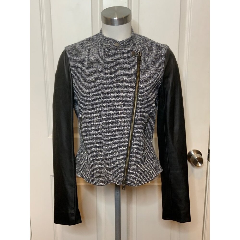 Theory Black & White Tweed Zip-Up Moto Jacket Lamb Leather Sleeves, Size 6